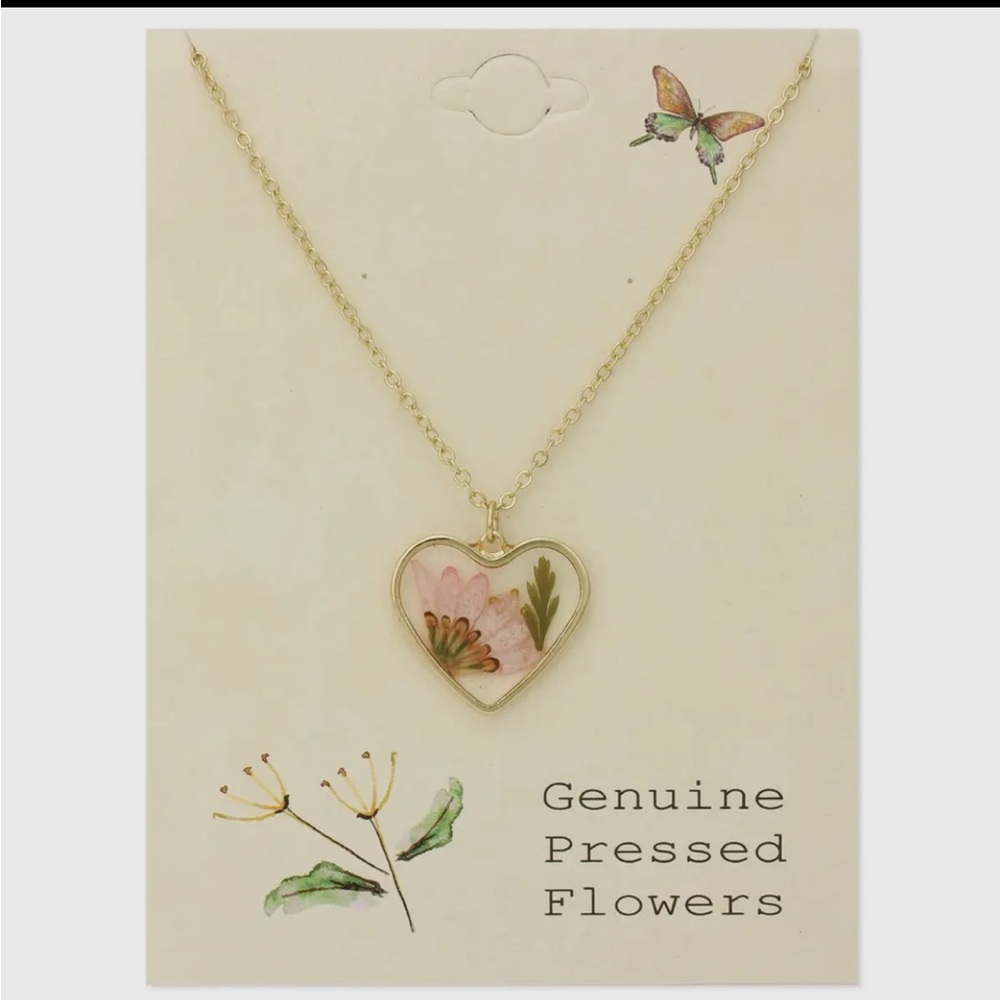 Gold Color Heart Necklace with Pressed Flowers Pink